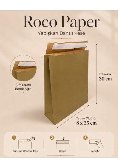 Yapışkan Bantlı Kraft Kese Kağıdı, Altın Renk, 25x8x30 Cm - 24'lü Paket, Hediye Ve Kargo Zarfı