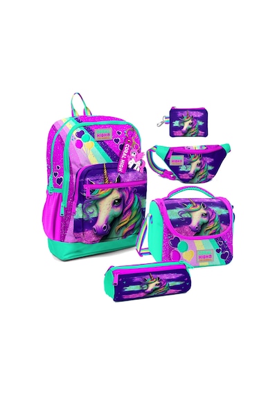 Coral High Kız Çocuk Pembe Su Yeşili Unicorn Desenli Beşli İlkokul Okul Çanta Seti