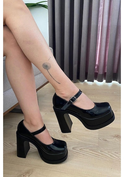 Preshley Kadın Napoli Siyah Rugan Tek Baretli 12 Cm Platform Topuklu Ayakkabı Siyah