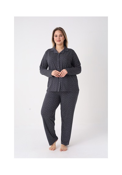 Estiva Kadın Yıldız Desenli Lacivert Önden Düğmeli Soft Battal Pijama Takımı Çok renkli