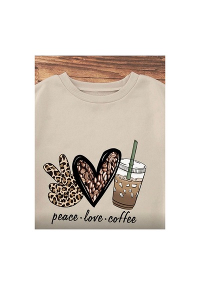 Herkesemoda Peace Love Detaylı Bisiklet Yaka İçi Polarlı Sweatshirt Bej