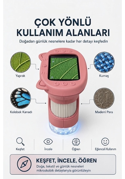 4berry Taşınabilir Fotoğraf Çekebilen Dijital Mikroskop 1000x 2.4 Ips Ekran, 2 Mp Kamera, 8 Led Işık, Type-c Şarjlı Pembe
