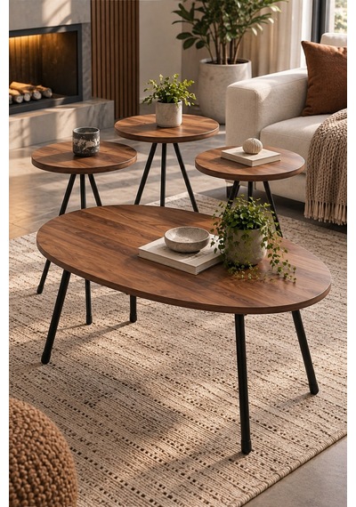 Sulorahome Ceviz Desenli Metal Ayaklı 4'lü Sehpa Seti
