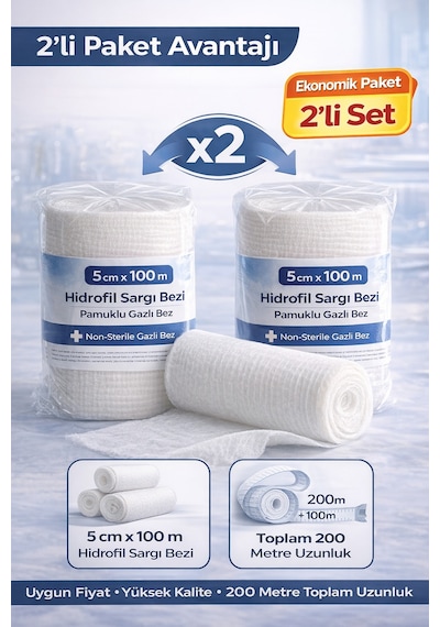 5 Cm X 100 M Hidrofil Sargı Bezi Pamuklu Gazlı Bez Yüksek Emici Sargı Bezi 2 Adet