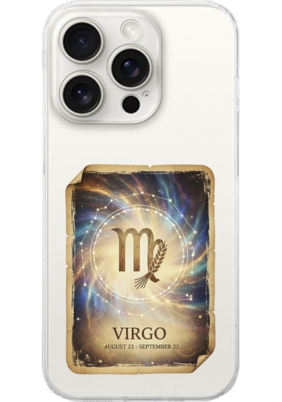 Apple Uyumlu iPhone 15 Pro Max İle  Burç Kartları Başak Tasarımlı Şeffaf Silikon Kılıf Şeffaf