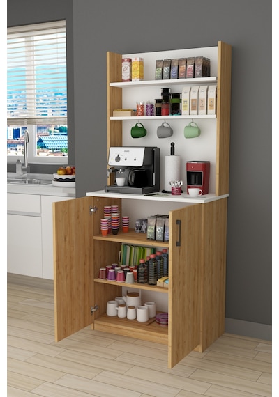 Asra Trend Kahve Köşesi KAHVE01 %100 MDF Çok Amaçlı Mutfak Dolabı Kiler Beyaz - Safir Meşe
