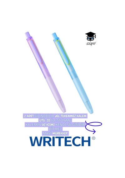 2 Adet 0.5 Mm Silinebilir Jel Tükenmez Kalem Ütü-ısı Silinme Uç Kısmı Silgi Mavi Mürekkep Writech Diğer