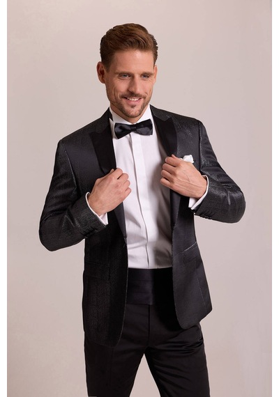 Ysf Erkek Siyah Slim Fit Kırlangıç Yaka Desenli Damatlık