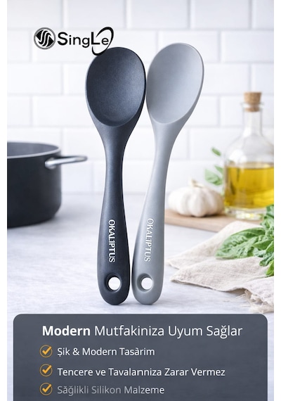 2 Adet Ultra Sert Uçlu Silikon Servis Pilav Kaşığı Yüksek Isıya Dayanıklı Yanmaz Yapışmaz Siyah&Gri