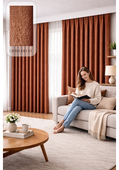 Balıksırtı Dokulu Premium Jakar Fon Perde Salon Oturma Odası Yatak Odası Çocuk Odası Turuncu