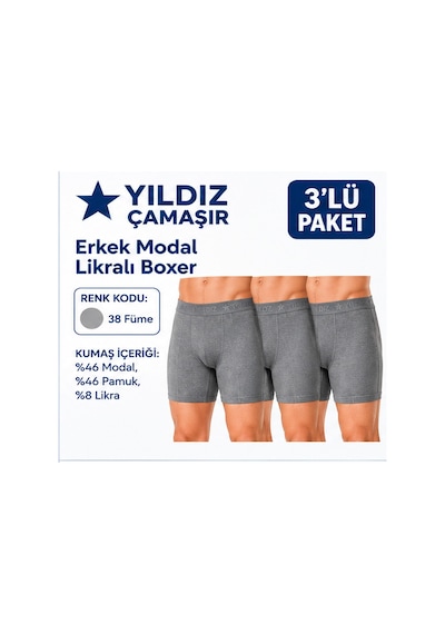 Yıldız Çamaşır Erkek Modal Likralı Boxer 36-37-38-39-40-41-42 - 3 Adet Füme