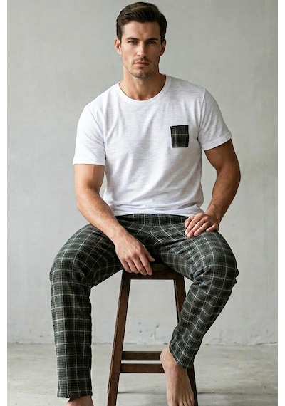 Siyah İnci Cep Nakışlı Örme Kısa Kollu Pijama Takım 8000 Ekru Haki Ekose