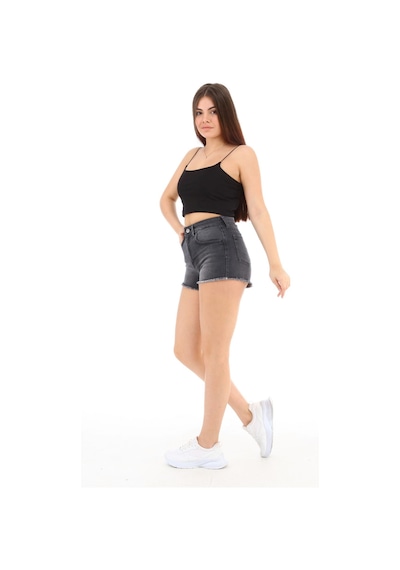 Cedy Denim Kadın Yüksek Bel Yırtlıklı Ve Yıpratmalı Paçası Püsküllü Kot Şort Mini Jean Şort C603 Antrasit