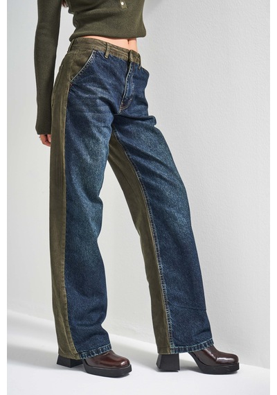 Itsbasic Kadın Haki Kot Rengi 2w5-31 Loose Fit Kadife Denim Kumaş Tasarım Denim Jean