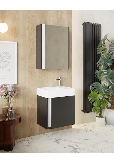 Karen Banyo Kemer 45 Cm,Lavabolu,Aynalı,Banyo Dolabı,Mat Antrasit,Lavabo Dahil Antrasit