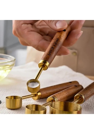 Valkyrie 4 Adet Paslanmaz Çelik Ahşap Saplı Ölçü Kaşığı Seti Ölçü Kabı 15ml 5ml 2.5ml 1.25ml Altın