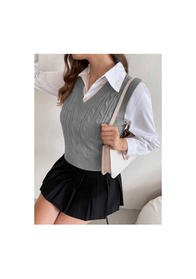 Youknitwear You Cameron %100 Pamuk V Yaka Kadın Süveter Gri