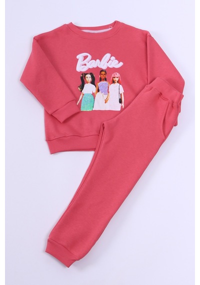 Kız Çocuk Eşofman Takımı Barbie Baskılı Pul Payetli A59 Gülkurusu
