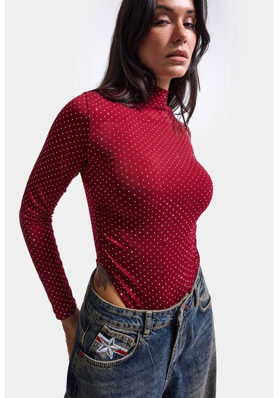 Kadın W6-35 Snap Body Suit Parlak Taşlı Tasarım Body Bordo