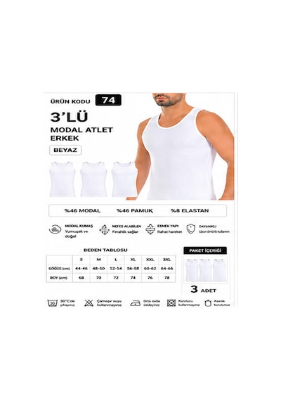 Yıldız Çamaşır Erkek Modal Likralı Askılı Atlet 70-71-72-73-74 - 3 Adet Beyaz
