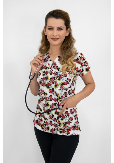 Beyaz Minnie Mouse Desenli Cerrahi Doktor Hemşire Hastane Aşçı Üniforma Takımı Karma Karma