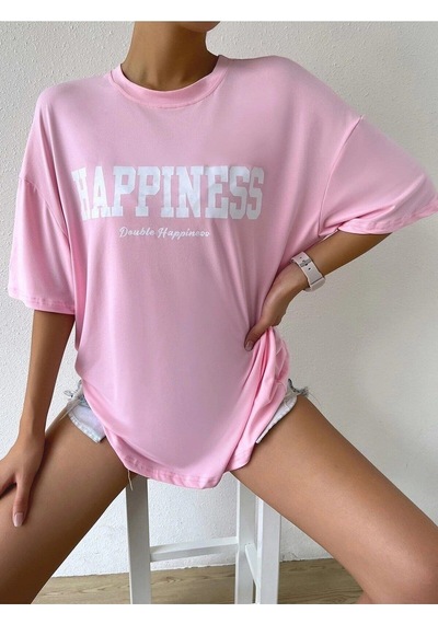 Flood Of Style Kadın Pembe Happıness Baskılı Oversize Tshirt