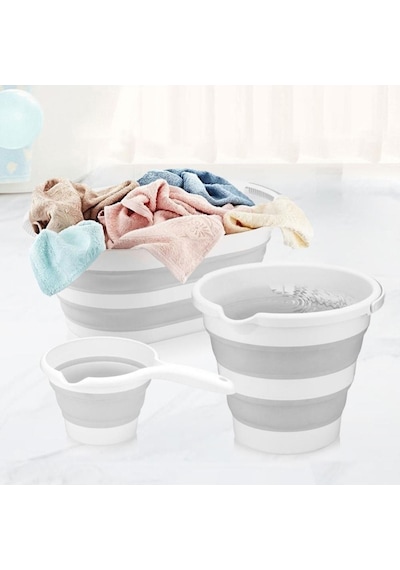 Katlanır Çamaşır Sepeti Katlanır Kova Katlanır Koçero Multi 3'lü Set - Çamaşır Sepeti-kova-koçero Beyaz - Gri