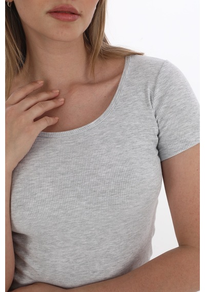 Monox Kadın Fitilli Likralı Pamuk Basic Tshirt Gri