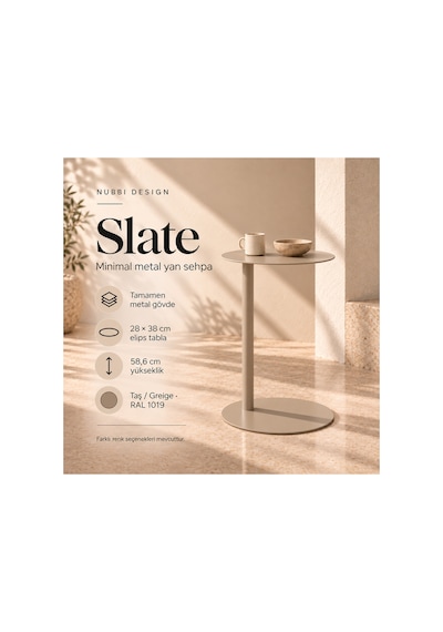 Slate Metal C Sehpa Modern Tasarım Elips Tablalı Minimalist Koltuk Yanı Sehpa Bej - 935314037 Bej