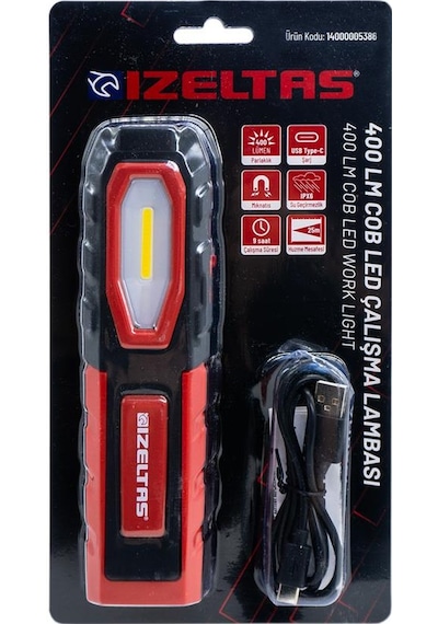 İzeltaş Cob Led Şarjlı Büyük Boy Çalışma Lambası 600 Lm Kırmızı - Siyah