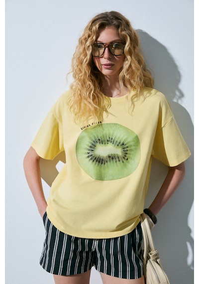 Grımelange Asterıve Kadın Organik Pamuklu Baskılı Bisiklet Yaka Oversıze Sarı T-shirt Sarı