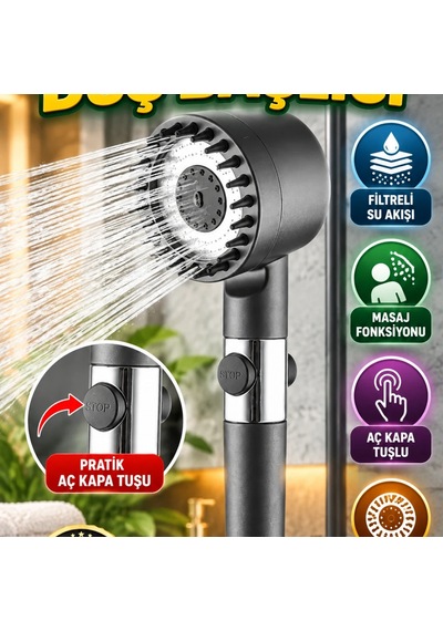 Filtreli Masaj Fonksiyonlu Duş Başlığı Aç Kapa Tuşlu Pratik Banyo Başlığı Çok Renkli