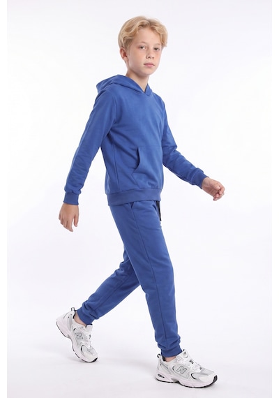 Fyk Kids Erkek Çocuk Düz Kanguru Cepli Kapüşonlu Eşofman Takımı Sax Mavisi