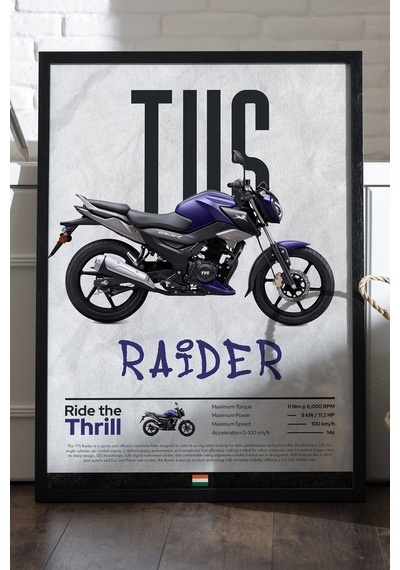 Tvs Raider Siyah Ahşap Çerçeveli Poster, Dekoratif Motosiklet Duvar Tablosu