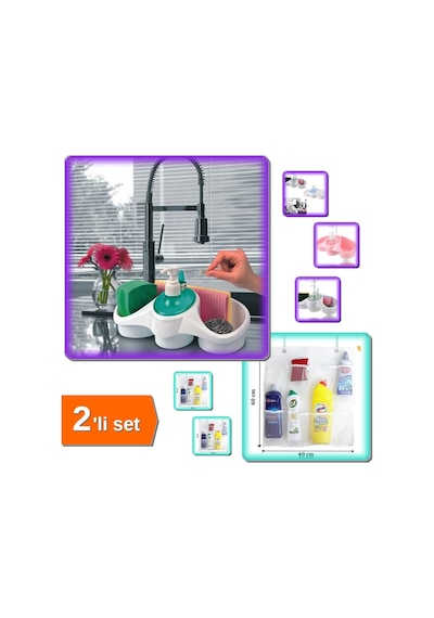 Buççin Online Mağaza Sünger Hazneli Sıvı Sabunluk Deterjanlık + 8 Cepli Askılı File Mutfak Banyo Organizer - 2li Set K3c2 Çok Renkli