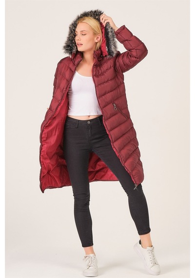 Dewberry Z6690 Kürklü Kapşonlu Kadın Kaban Bordo