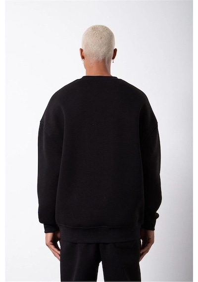 Erkek Bisikilet Yaka 3 İplik Pamuklu Sweatshirt - Siyah