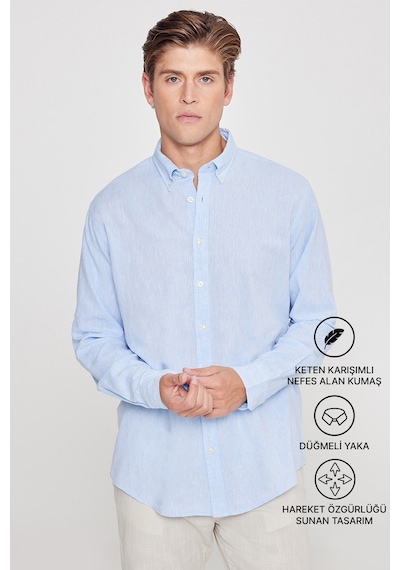 AC&Co / Altınyıldız Classics Erkek Comfort Fit Rahat Kesim Düğmeli Yaka Casual Keten Gömlek Açık Mavi AC&Co / Altınyıldız Classics Erkek Comfort Fit Rahat Kesim Düğmeli Yaka Casual Keten Gömlek Açık Mavi