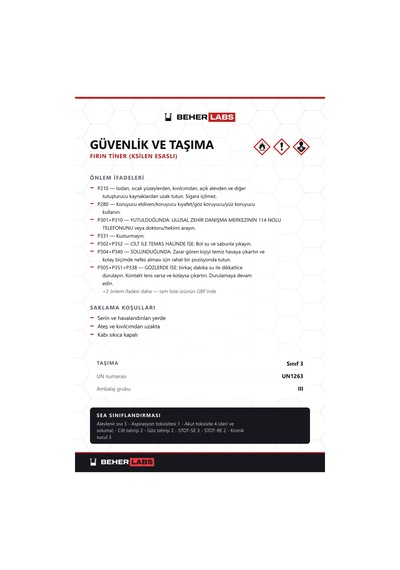 Beherlabs Fırın Tiner Ksilen Esaslı 1 L
