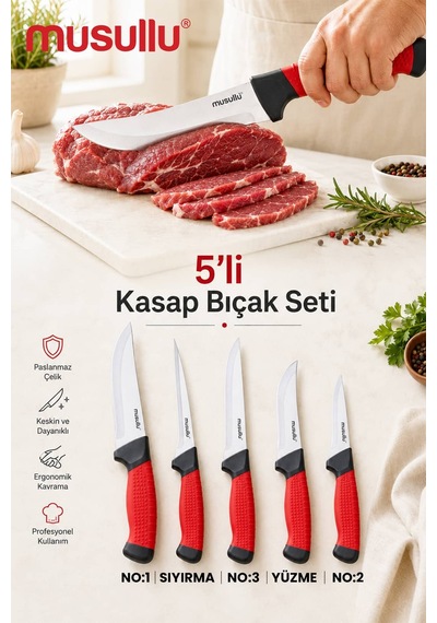 Musullu 5'li Profesyonel Kasap Bıçak Seti Siyah - Kırmızı