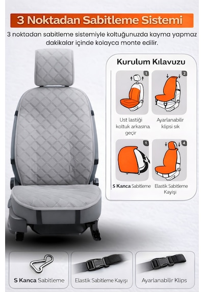 Oto Koltuk Kılıfı Tay Tüyü 2'li Ön Minder Terletmez Kaymaz Airbag Uyumlu - Gri
