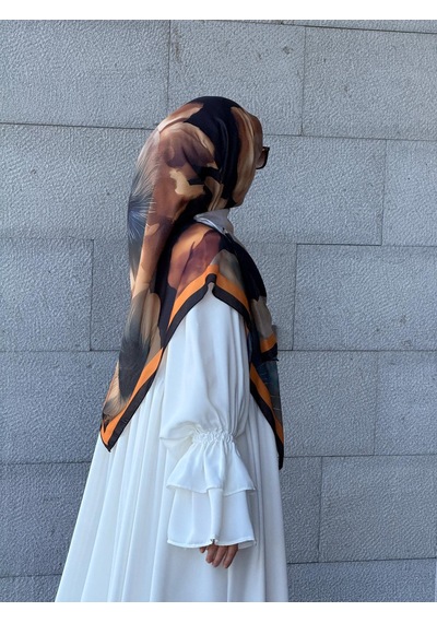 Qalortex Scarf Pamuklu Flora Desen Eşarp-siyah/gold Siyah-Gold