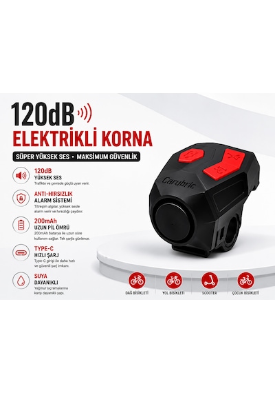 120 Db Usb Type-c Şarjlı Bisiklet Kornası Ve Anti Hırsızlık Alarmı Elektrikli Bisiklet Zili Scooter, Mtb Ve Yol Bisikleti Uyumlu 200mah Batarya Siyah