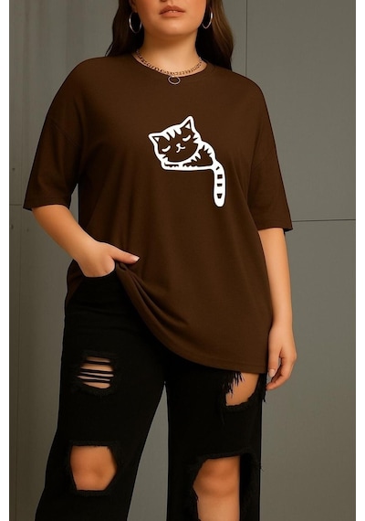 Büyük Beden Çizgili Uykusuz Kedi Baskılı Unisex Tişört Kahverengi