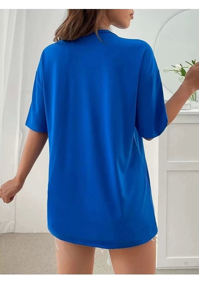Flood Of Style Over Thinking T-shirt - Baskılı Oversize Bisiklet Yaka Lacivert