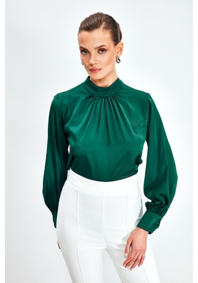 Sateen Yaka Detaylı Saten Bluz - Zümrüt