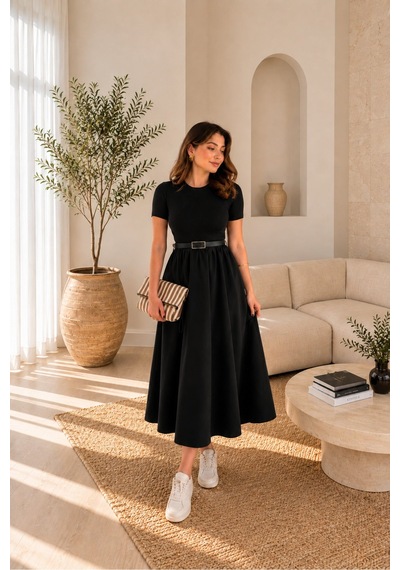Unika Boutique Kendinden Kemerli Alt Poplin Kumaş Elbise Siyah