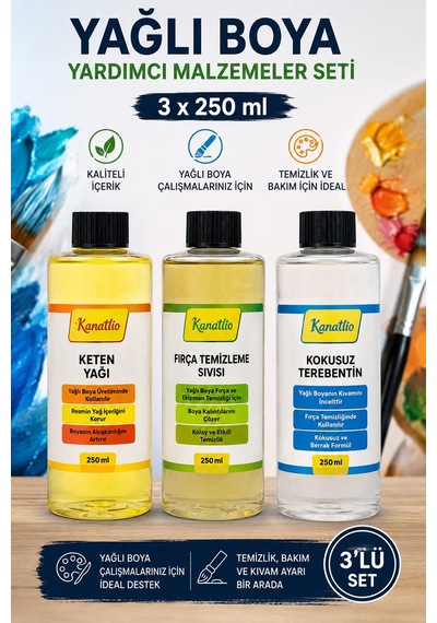 Yağlı Boya Yardımcı Malzeme Seti 3x250 Ml Keten Yağı Terebentin Fırça Temizleyici Diğer