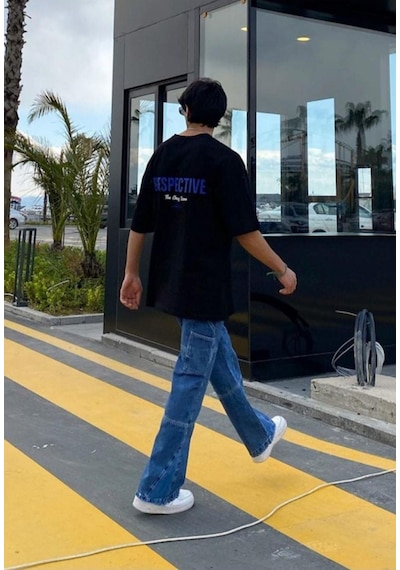 Flood Of Style Erkek Siyah Respective Baskılı Oversize Bisiklet Yaka Kısa Kollu T-shirt