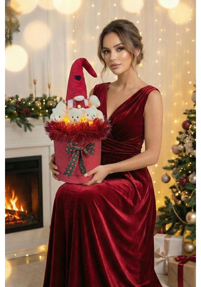 Deluxe 360 Dolu 14 Ayısıyla, Noel Elf Cüce Figürlü Çift Led Işıklı, Özel Konsept Noel Ayıcık Buketi